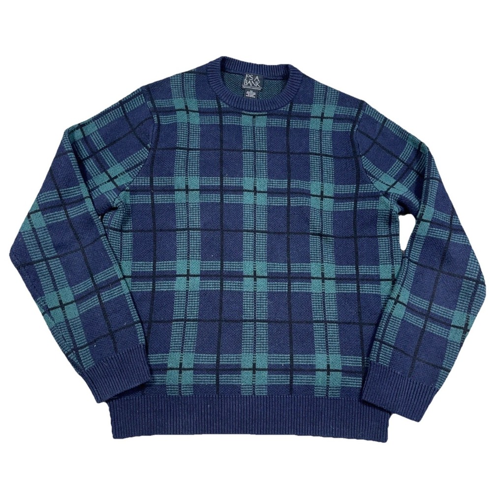 Jos A Bank Sweater Men Medium‎ Blue Green Plaid Cotton Knit Crewneck Grandpa